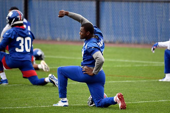 New York Giants rookie cornerback DeAndre Baker stretches with the team on Day 2 of Giants minicamp on Wednesday, June 5, 2019, in East Rutherford. Nyg Minicamp